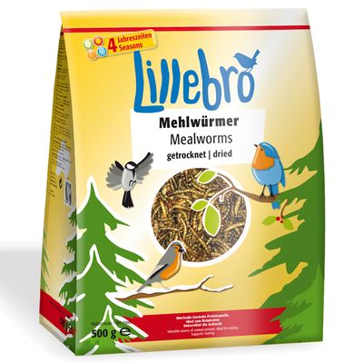 Lillebro Mehlwürmer Mealworms getrocknet dried, 500 g csomag szárított lisztkukac madáreleség. 4 Jahreszeiten Seasons felirat látható a csomagoláson.