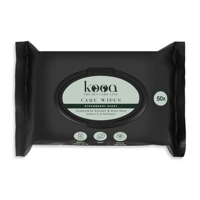 kooa Care Wipes kókusz illattal, kamilla kivonattal, aloe verával, E-vitaminnal és panthenollal. 50 darab, vegán, állatkísérlet-mentes, természetes összetevők.