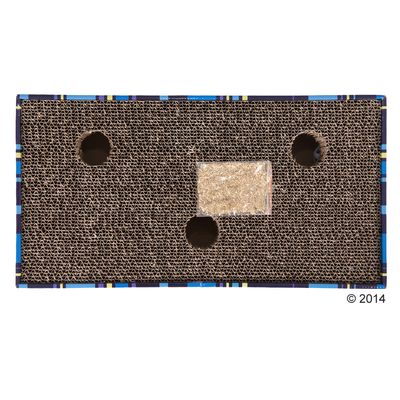 Cat toy made of corrugated cardboard with four holes and a pouch of catnip in the centre.