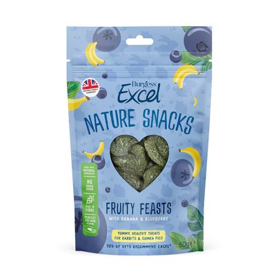 Burgess Excel Nature Snacks Fruity Feasts with banana and blueberry, made with natural ingredients, no added sugar, high in fibre, perfect for hand feeding. 60g pack.
