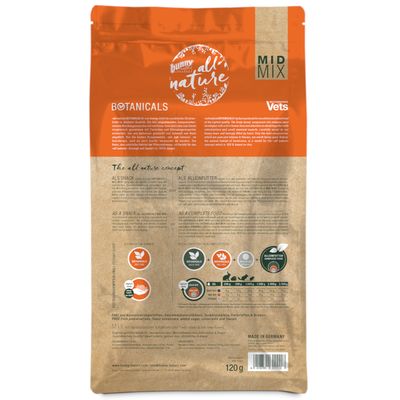 Bunny Nature Botanicals MID MIX, 120 g csomagolás hátoldala, etetési útmutatóval és összetevőkkel, piktogramokkal kisállatok számára. Látható: Made in Germany, www.bunny-nature.com.