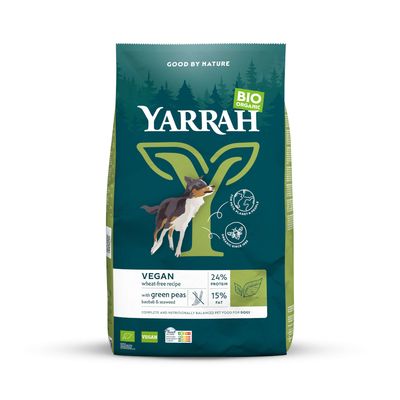 Yarrah Bio-Organic vegán kutyatáp, búzamentes, zöldborsóval, baobabbal és algával. 24% fehérje, 15% zsír. Teljes értékű, kiegyensúlyozott eledel kutyáknak.