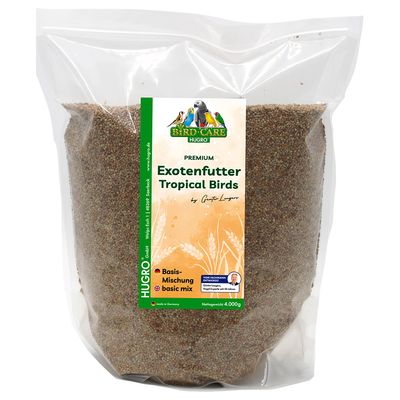 Hugro Bird Care Premium egzotikus madáreleség Tropical Birds, alapkeverék, made in Germany, nettó tömeg 700g, Günter Langer, 50 éves tapasztalattal rendelkező madáreleség-szakértő ajánlásával.