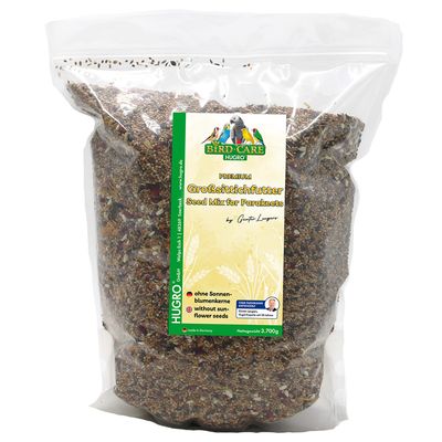 Hugro Bird Care Premium nagy papagájoknak való magkeverék, napraforgómag nélkül, nettó tömeg 3 700 g, Németországban készült.
