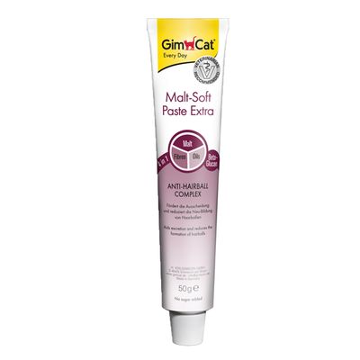 Tubo de 50 g GimCat Malt-Soft Paste Extra, texto visible: Malt, Fibres, Oils, Beta-Glucan, Anti-Hairball Complex. Sello 'Veterinarian recommended'. Sin azúcar añadido.