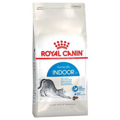 ROYAL CANIN Home Life INDOOR 27 cat food pack, text: Health Nutrition, Stool odour reduction, Adapted kibble size. Image of stretching cat and three pieces of kibble shown.