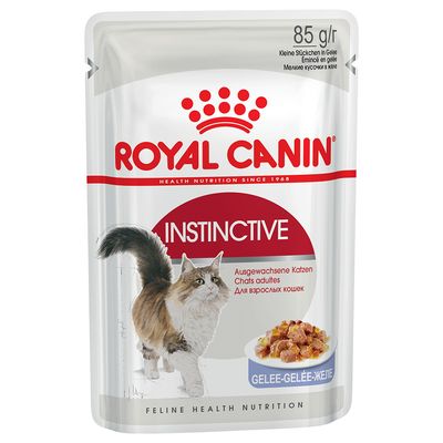 Royal Canin Instinctive macskaeledel, 85 g x 12 tasak, jelly. Csomagoláson: Health Nutrition, Instinctively preferred, macskás illusztráció, tálban zselés eledel.