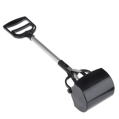 Fekete ürülékfelszedő fogó hosszú ezüst nyéllel, alkalmas állati ürülék felszedésére. Ergonomikus markolat a könnyű használathoz.