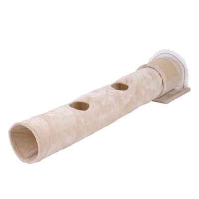 Beige pet tunnel with three circular side openings, a brush arch at one end, and a scratch pad attached to a flat base.
