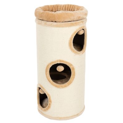 Cat tree in cylindrical shape with three openings, beige plush padding and play balls. Colour options: beige, grey, black.