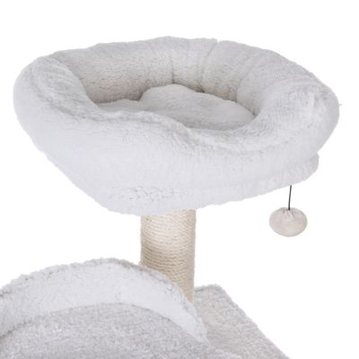 Cat tree with white plush bed, sisal post and hanging play ball.
