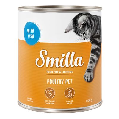 Smilla Poultry Pot macskaeledel, hallal, taurint tartalmaz, gabonamentes, 800 g konzerv, Németországban készült.