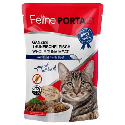 Feline Porta 21, cijeli fileti tune s govedinom. Bez dodatka šećera. Prijedlog serviranja: zdjelica s komadićima mesa. Prikazana mačka.
