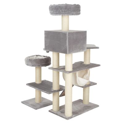Grey cat tree with multiple levels, sisal posts, two resting platforms, a cave and a hammock. Ideal for cats to climb and relax.