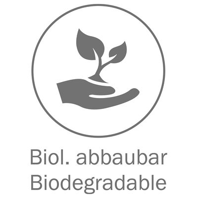 Biodegradable, biodegradable. Símbolo de una mano con una hoja.