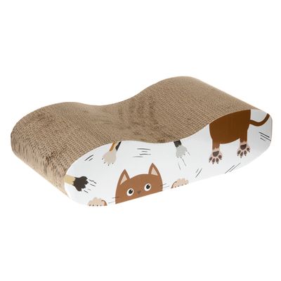 Wellpappe-Kratzmöbel mit Katzenmotiv, geschwungene Form für Kratzen und Liegen.