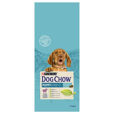 PURINA DOG CHOW Puppy <1 év, báránnyal, Naturnium, 14 kg. Kutyakölyök táp csomagolása látható.