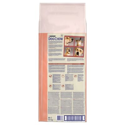 Purina Dog Chow kutyatáp hátoldala, részletes leírással, négy kutyafotóval, 14 kg-os kiszerelés, vonalkód és újrahasznosítási jel látható.