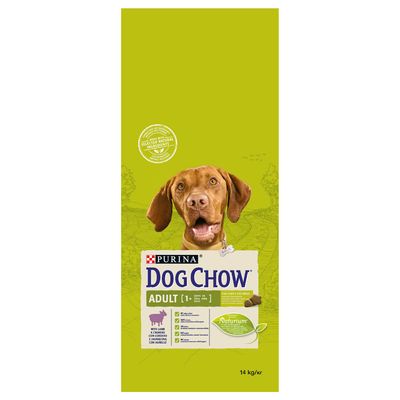 Saco de pienso Purina Dog Chow Adult 1+ con cordero, 14 kg. Texto visible: 'Naturium', ingredientes seleccionados, información nutricional y beneficios resumidos en el envase.
