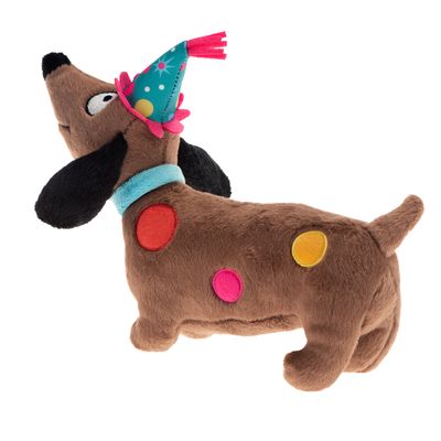 Juguete de peluche en forma de perro con puntos de colores, gorro de fiesta y collar azul. Adecuado para mascotas para jugar.
