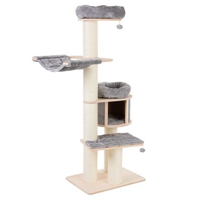 Cat tree with multiple levels, hammock and cave made of light wood and beige fabric. Bengal cat sitting on a padded platform. Living room furniture in the background.