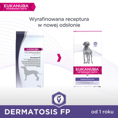 EUKANUBA Veterinary Diets Dermatosis FP 12 kg – zmiana opakowania karmy dla psów, widoczne stare i nowe opakowanie, napis: Wyrafinowana receptura w nowej odsłonie