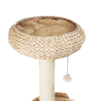 Cat tree with woven lying surface made from natural materials, soft padding and hanging play ball.