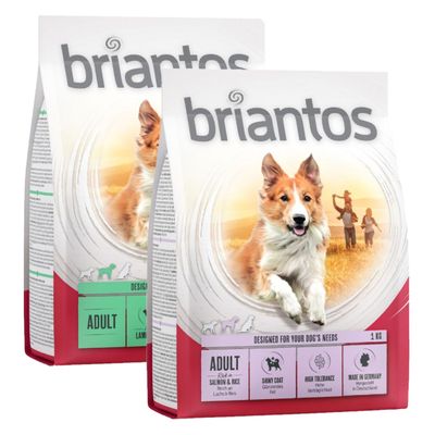 Dos sacos de pienso Briantos Adult, 1 kg. Etiquetas visibles: Adult, Salmon & Potato, Duck & Potato, Grain-Free Recipe, Semi-Moist Kibble, Made in Germany. Imagen de lobo en el envase.