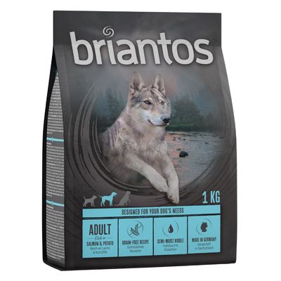 Briantos Adult alimento para perros, rico en salmón y patata, receta sin cereales, croquetas semihúmedas, fabricado en Alemania. Tamaño: 1 kg.