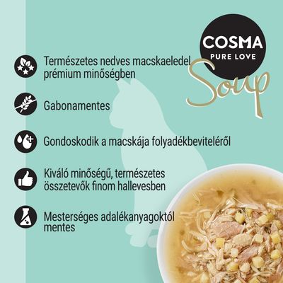 COSMA PURE LOVE Soup. Természetes nedves macskaeledel, prémium minőségben, gabonamentes, folyadékbevitel támogatása, mesterséges adalékanyagoktól mentes, hallevesben.