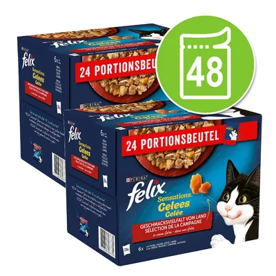 Felix Sensations Gelees macskaeledel, 2×24 tasakos csomag, összesen 48 adag. A dobozon látható: 24 PORTIONSBEUTEL, Purina felix, Sensations Gelees. Felix Sensations Gelees macskaeledel, 2×24 tasakos csomag, összesen 48 adag. A dobozon látható: 24 PORTIONSBEUTEL, Purina felix, Sensations Gelees.