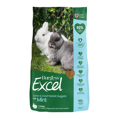 Burgess Excel Junior & Dwarf Rabbit Nuggets with Mint, 92% of vets recommend, added mint, extra protein, antioxidants, prebiotics, supports skin and coat health, 10kg bag. Burgess Excel Junior & Dwarf Rabbit Nuggets with Mint, 92% of vets recommend, added mint, extra protein, antioxidants, prebiotics, supports skin and coat health, 10kg bag.