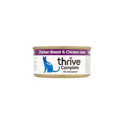 Thrive Complete Chicken Breast & Chicken Liver, 0% Nonsense, shown on product tin with blue cat graphic.