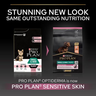 PURINA PRO PLAN Small & Mini Puppy kutyatáp csomagolás változás: Optiderma helyett Sensitive Skin, mindkét csomag látható, főbb feliratok: HIGH PROTEIN, SENSITIVE SKIN.