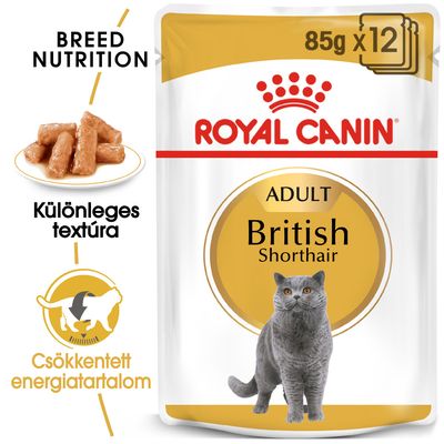 Royal Canin Adult British Shorthair macskaeledel, 85 g x 12 csomag. Különleges textúra, csökkentett energiatartalom feliratok láthatók a képen.