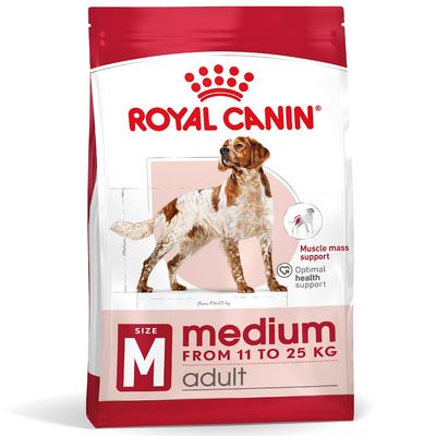 Royal Canin medium adult kutyatáp csomagolás, közepes testű (11–25 kg) felnőtt kutyáknak. Látható: Muscle mass support, Optimal health support feliratok.
