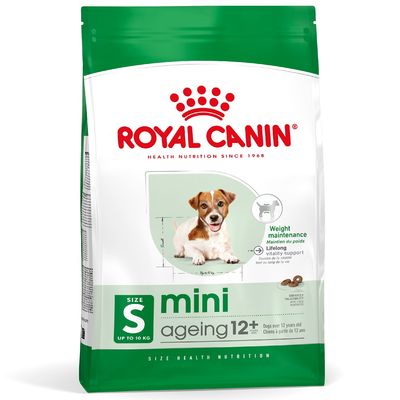 Royal Canin mini ageing 12+ kutyatáp, S méret, 10 kg-ig, idősebb mint 12 éves kutyáknak. Weight maintenance, lifelong vitality support feliratok láthatók a csomagoláson.