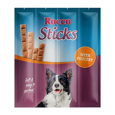 Rocco Sticks jutalomfalat csomag, 36x. Csomagoláson: Rocco Sticks, With Poultry, kutya képe, pálcika formájú falatok láthatók.