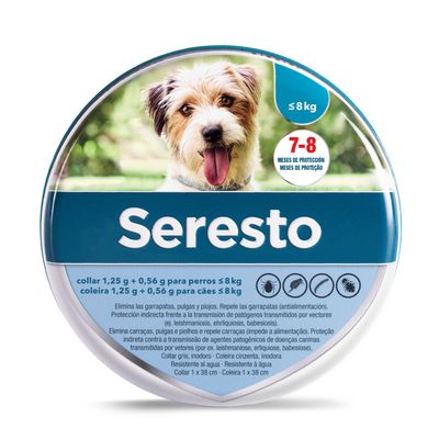 Seresto collar 1,25 g + 0,56 g para perros ≤8 kg. 7-8 meses de protección. Resistente al agua. Collar 1 x 38 cm. Elimina garrapatas, pulgas y piojos. Texto en español y portugués.