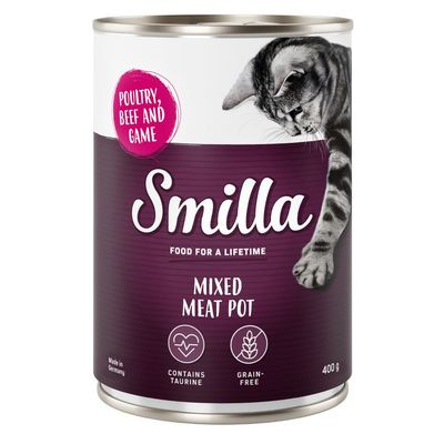 Smilla Mixed Meat Pot, 400g. Tartalmaz taurint, gabonamentes. Ízek: szárnyas, marha és vad. Made in Germany.