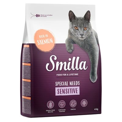 Smilla Special Needs Sensitive hrana za mačke, bogata lososom, bez žitarica, sadrži taurin i omega. Ponovno zatvorivo pakiranje, 4 kg.