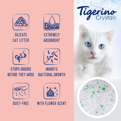 Silicate cat litter features: extremely absorbent, stops odours before they arise, inhibits bacterial growth, dust-free, with flower scent. Image of white crystals with green pieces.