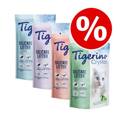 Tigerino Silicate Litter bags in four varieties, visible text: light, stops odours, economical, dust-free, inhibits bacterial growth. Red percent discount symbol top right.