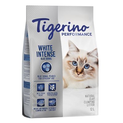 Tigerino Performance White Intense cat litter, natural clay clumping litter, 12L. Features: blue indicator pearls, fresh scent, antibacterial, strong clumping, extremely low dust.
