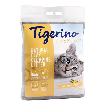 Tigerino Premium Natural Clay Clumping Litter with vanilla scent, ultra absorbent, fast odour control, instant clumping, extremely low dust. Packaging shows cat and 12 kg content.