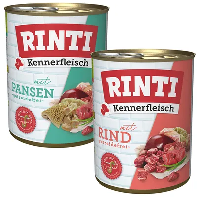 RINTI Kennerfleisch Dosen: mit Pansen, getreidefrei und mit Rind, getreidefrei. Original seit 1983. RINTI Kennerfleisch Dosen: mit Pansen, getreidefrei und mit Rind, getreidefrei. Original seit 1983.