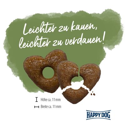 Happy Dog srcoliki u obliku srca, lakše za žvakanje i probavu. Dimenzije: visina cca 11 mm, širina cca 11 mm.