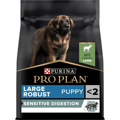 Purina Pro Plan Large Robust Puppy <2 Sensitive Digestion, No1 Ingredient Lamb feliratú kutyatáp csomagolás nagytestű kölyökkutyáknak, bárány fő összetevővel.