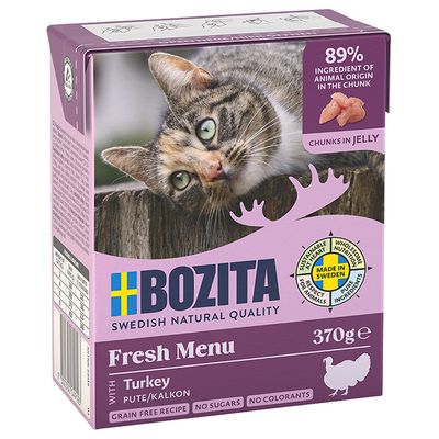 Bozita Fresh Menu pulykával, 370g. 89% állati összetevő zselében, Svédországban készült, gabonamentes, cukor nélkül, színezék nélkül.
