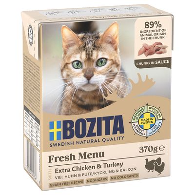 Bozita Fresh Menu nyúl szószban, 370g. 89% állati összetevő darabokban. Gabonamentes, cukormentes, színezék nélkül. Svédországban készült tiszta összetevőkből.